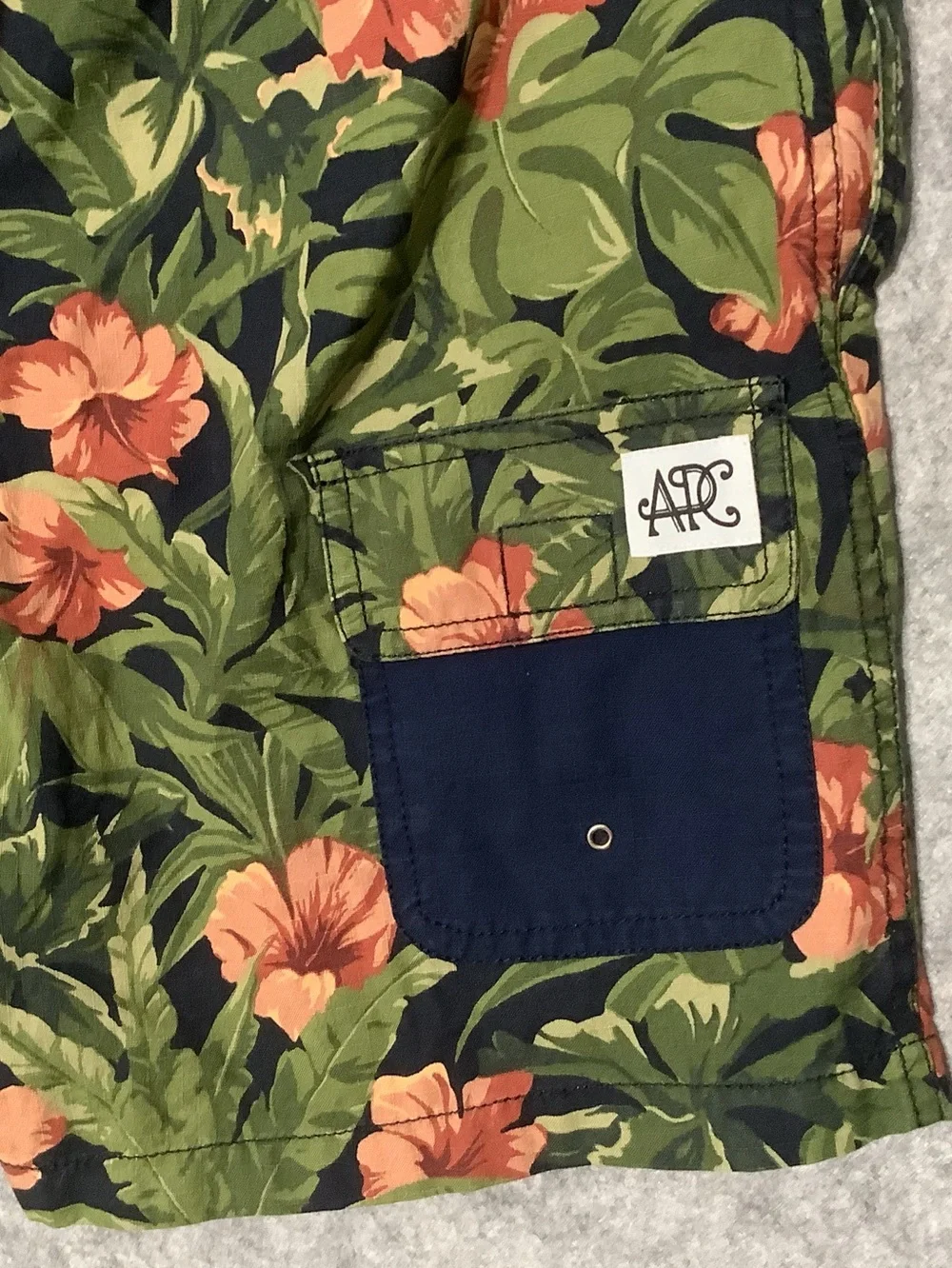A.P.C. Men's Black Swim Shorts with Green Leaves & Coral Flowers NWT